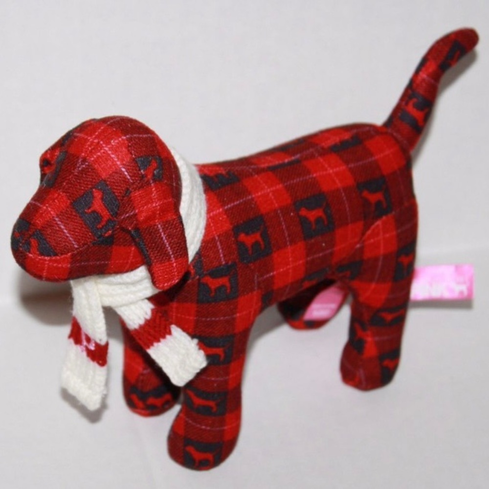 PINK Victoria's Secret Red Plaid Dog Stuffed Accent